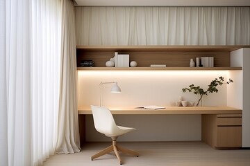 Fototapeta na wymiar Natural Fabrics: Minimalist Zen Home Office Decors for Serene Productivity