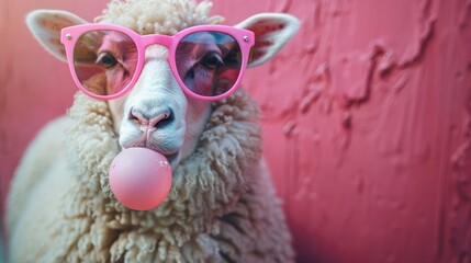Fototapeta premium A sheep wearing pink sunglasses blowing bubble gum against a vibrant magenta background. Generative AI.