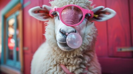 Fototapeta premium A sheep wearing pink sunglasses blowing bubble gum against a vibrant magenta background. Generative AI.