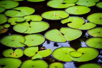 In a tranquil pond, vibrant lily pads create a picturesque scene, their emerald leaves providing shelter for frogs as they bask in the sunlight, adding to the soothing symphony of natures tranquility