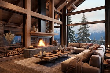 High Ceiling Modern Alpine Cabin Living Room: Exposed Wood Cozy Design