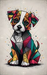 A visually stunning and conceptual illustration of a cubist puppy dog, expertly drawn with exceptional precision. The puppy, composed of geometric shapes, is a vibrant mix of colors and patterns