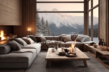 Fototapeta premium Modern Alpine Cabin Living Room Designs: Cozy Furnishings & Cabin Vibes