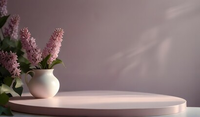 Fototapeta premium Lilac, pink flowers podium background with light and shadow for design or product display, presentation. Valentine, easter, spring, romantic, purple backdrop