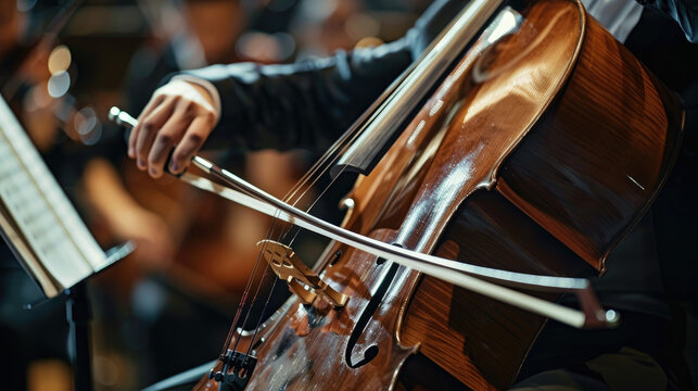 Close-Up of Hands Playing Cello with Artistic Bokeh Background