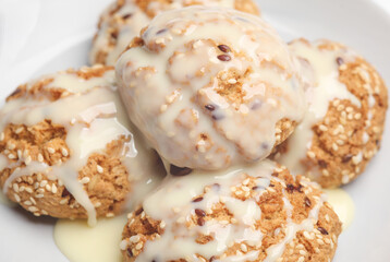 Cereal cookies with condensed milk on a white background