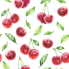 Cherry seamless pattern, repeating background hand drawn watercolor illustration 