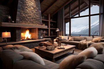 Stone fireplace & wooden furniture: Modern Alpine cabin living room designs with soft throws