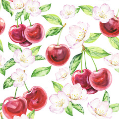 Cherry botanical seamless pattern, repeating background hand drawn watercolor illustration 