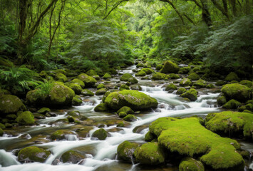 Fototapeta premium Flowing through a lush valley, a winding river meanders lazily, its gentle currents and verdant banks providing a haven for diverse wildlife, a tranquil sanctuary amidst natures bounty.. AI generated.