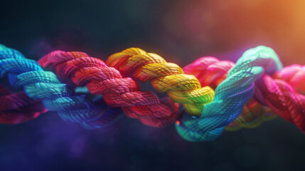 Connection, color and string of rope with pattern, knot and texture for synergy, safety or strong connection. Cable, thread or yarn on wallpaper with abstract textile, lines and rainbow diversity