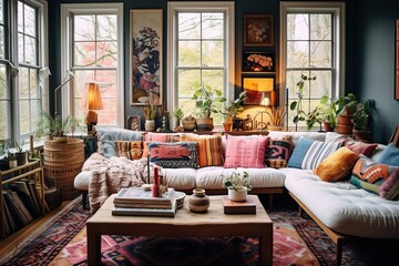 Fototapeta na wymiar Layered Bohemian Magic: Modern Living Room Ideas with Eclectic Patterns and Rugs