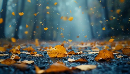 A leaf is falling from a tree and is surrounded by other leaves