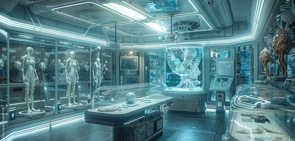 Poster A sci fi lab with futuristic VR equipment, floating holographic displays and an alien creature collection in large glass enclosures. Generative AI.