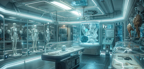 A sci fi lab with futuristic VR equipment, floating holographic displays and an alien creature collection in large glass enclosures. Generative AI.