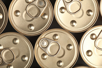 Many Cans with canned food. Top view.
