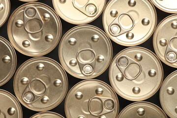 Many Cans with canned food. Top view.