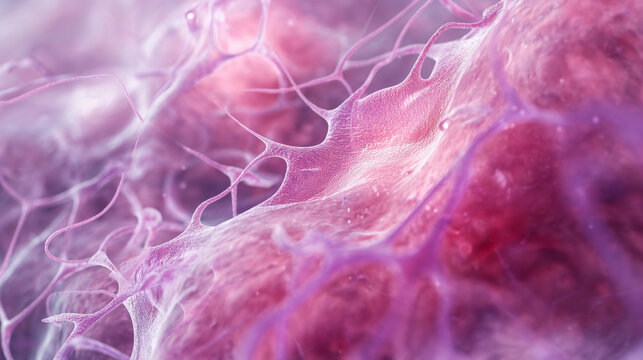An illustration highlighting how asbestos fibers interact with and affect pleural cells, with fibers sharply detailed against the softer tissue background. , natural light, soft sh