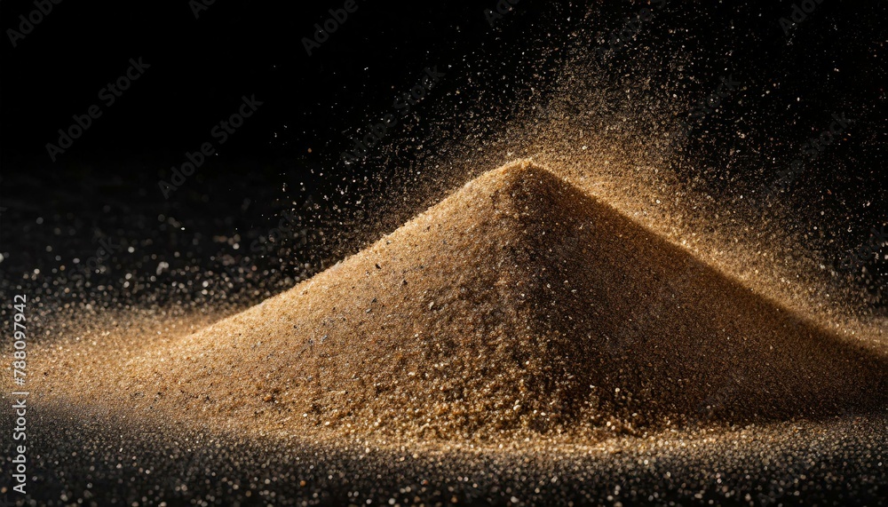 Wall mural sand scattered on a black background, each grain illuminated to reveal its intricate texture and sha