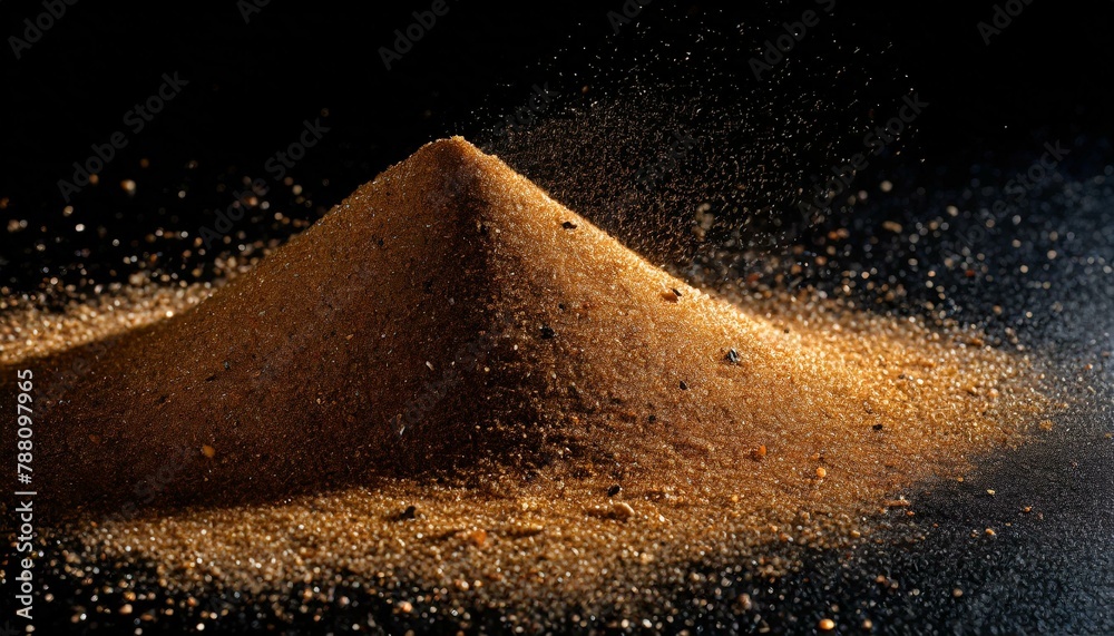 Wall mural sand scattered on a black background, each grain illuminated to reveal its intricate texture and sha