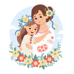 Ukrainian family. Cute woman mother and daughter in traditional clothes embroidered shirt with floral wreath in flowers against sky. Vector illustration. happy female national character