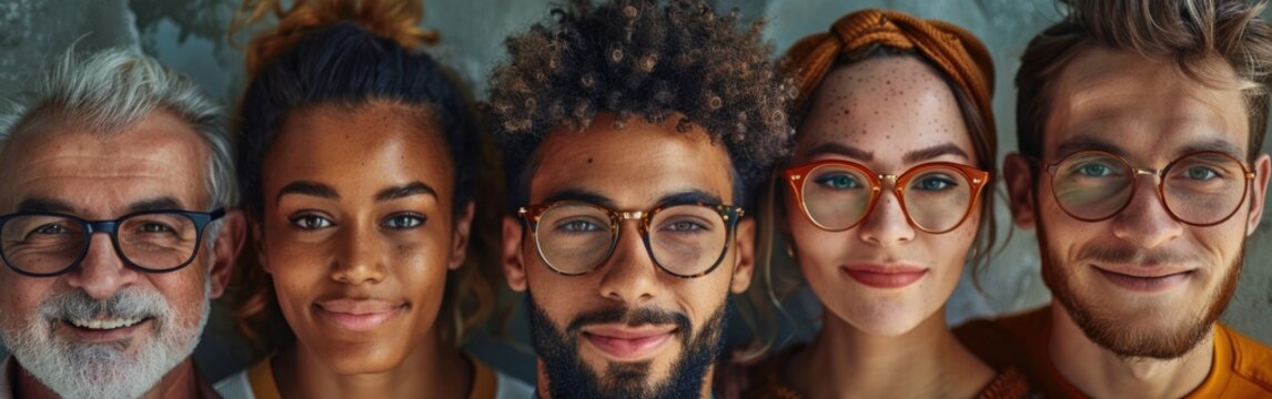 A group of mixed race teacher and students displaying different emotions including happiness, surprise, and confusion