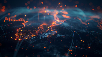 A conceptual map of undersea fiber optic cables glowing across a dark oceanic background, representing international communication links. , with copy space - obrazy, fototapety, plakaty