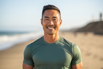 Portrait of a glad asian man in his 30s wearing a moisture-wicking running shirt in front of sandy beach background