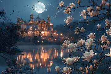 Majestic Indian Palace Illuminated by Luminous Full Moon Amid Soft Magnolia Blossoms Reflected in Tranquil Lake - obrazy, fototapety, plakaty