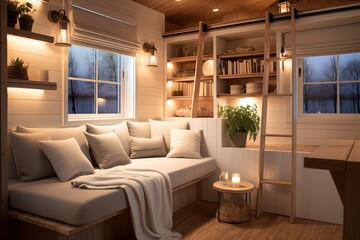 Fototapeta premium Space-Efficient Modern Living Room Designs for Tiny Houses: A Contemporary Approach