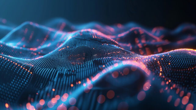An abstract representation of quantum computing using glowing fiber optics to show qubits and quantum states in a wireframe style. , with copy space