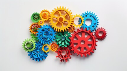Gear mechanism of different colors on white background