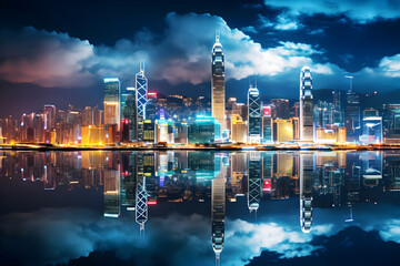 Urban Giants: An Impressive Display of Hong Kong's Skyscraper-Filled Skyline - obrazy, fototapety, plakaty