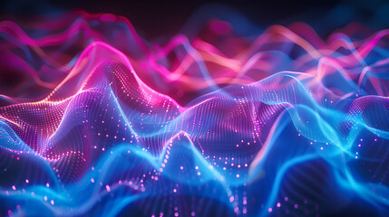 Neon Waves Background, Energy Light Lines Flow ,Digital wave with many dots and particles , Abstract dynamic wave background ,Colorful, flowing light waves with glowing particles, creating a vibrant  - obrazy, fototapety, plakaty