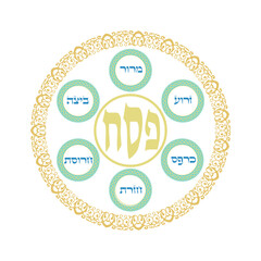 Passover Seder plate with traditional food symbols, icon isolated, round vintage plate for Passover Seder, Pesach food plate, banner sign, wallpaper illustration