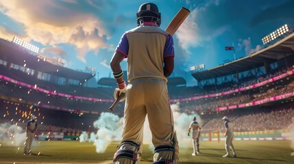 Back of cricket player holding cricket bat in stadium. Generative AI.