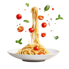 floated Delicious spaghetti with sources falling into a plate isolate on transparency background PNG