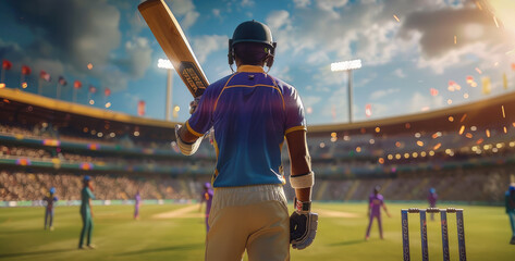 Fototapeta premium Back of cricket player holding cricket bat in stadium. Generative AI.