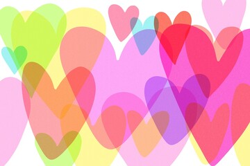 Bright and beautiful horizontal background with multicolor hearts of different shapes. Happy Valentine’s Day. Romantic abstract wallpaper. Neon shades and glowing colors. Greeting card design. 