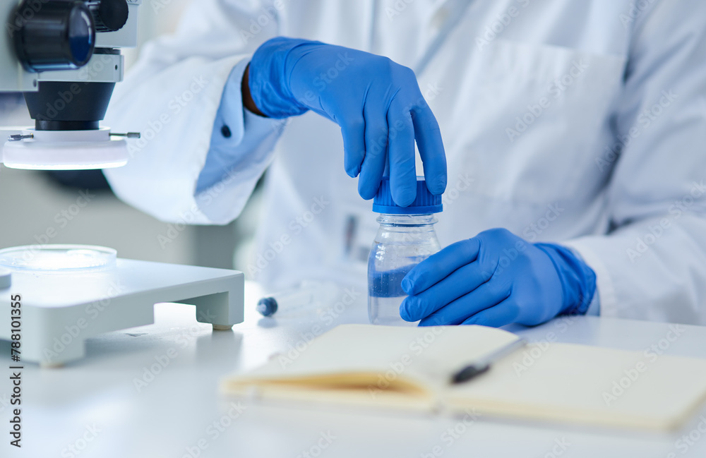 Poster Hands, scientist and glass tube in laboratory with notebook for test, experiment and liquid sample. Person, gloves and ppe for medical research at pharma company with assessment, gear and container