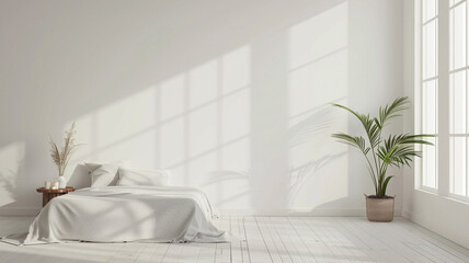 A minimalist bedroom with white walls mockup