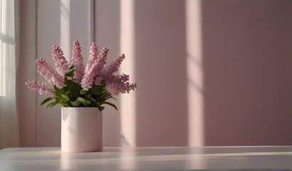 Lilac, pink flowers podium background with light and shadow for design or product display, presentation. Valentine, easter, spring, romantic, purple, floral backdrop