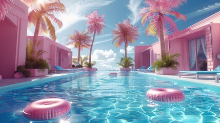 Fototapeta na wymiar 3d render of pool party scene with pink and blue elements, summer vibes, palm trees, floating rings in the water, blue chairs around, pink walls. Generative AI.