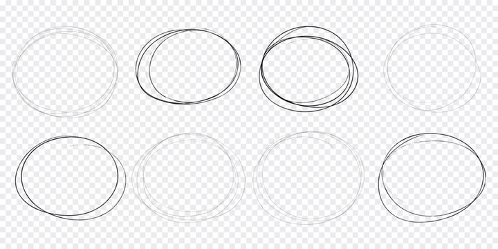 Circle scrible circular frame, fast mark, pencil line doodle frame. Ring, oval sketch highlight sphere on transparent background. 