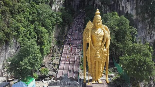 Aerial view of Batu Caves with Statue of Lord Murugan, Kuala Lumpur, Malaysia.