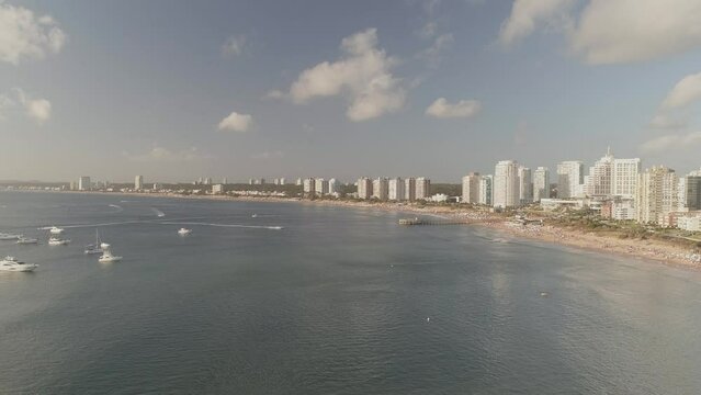 Aerial view of Mansa Beach, yachts, Punta del Este, Uruguay.