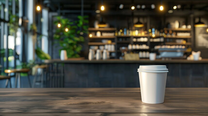 mockup white cup blank on coffee shop background - obrazy, fototapety, plakaty