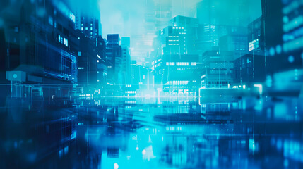 Fototapeta na wymiar Blurred blue business background. Glass facades of cityspace modern buildings center