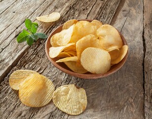kartoffel chips auf holz hintergrund