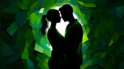 Silhouette of a couple reconciling against a vibrant green abstract background symbolizing forgiveness.forgiveness concept
